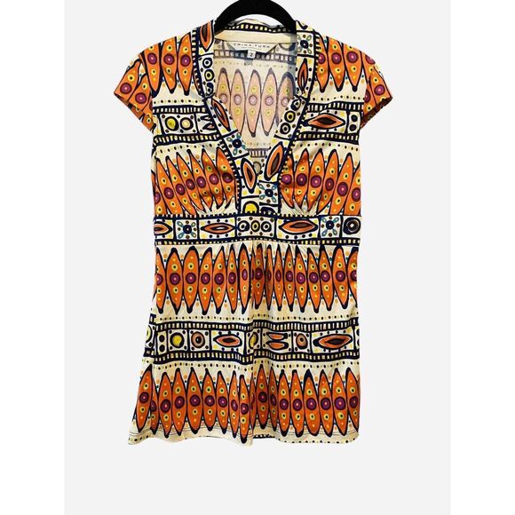 Trina Turk Multicolor Tribal Art 100% Silk Blouse Size 2 With Side Zipper - Picture 9 of 9